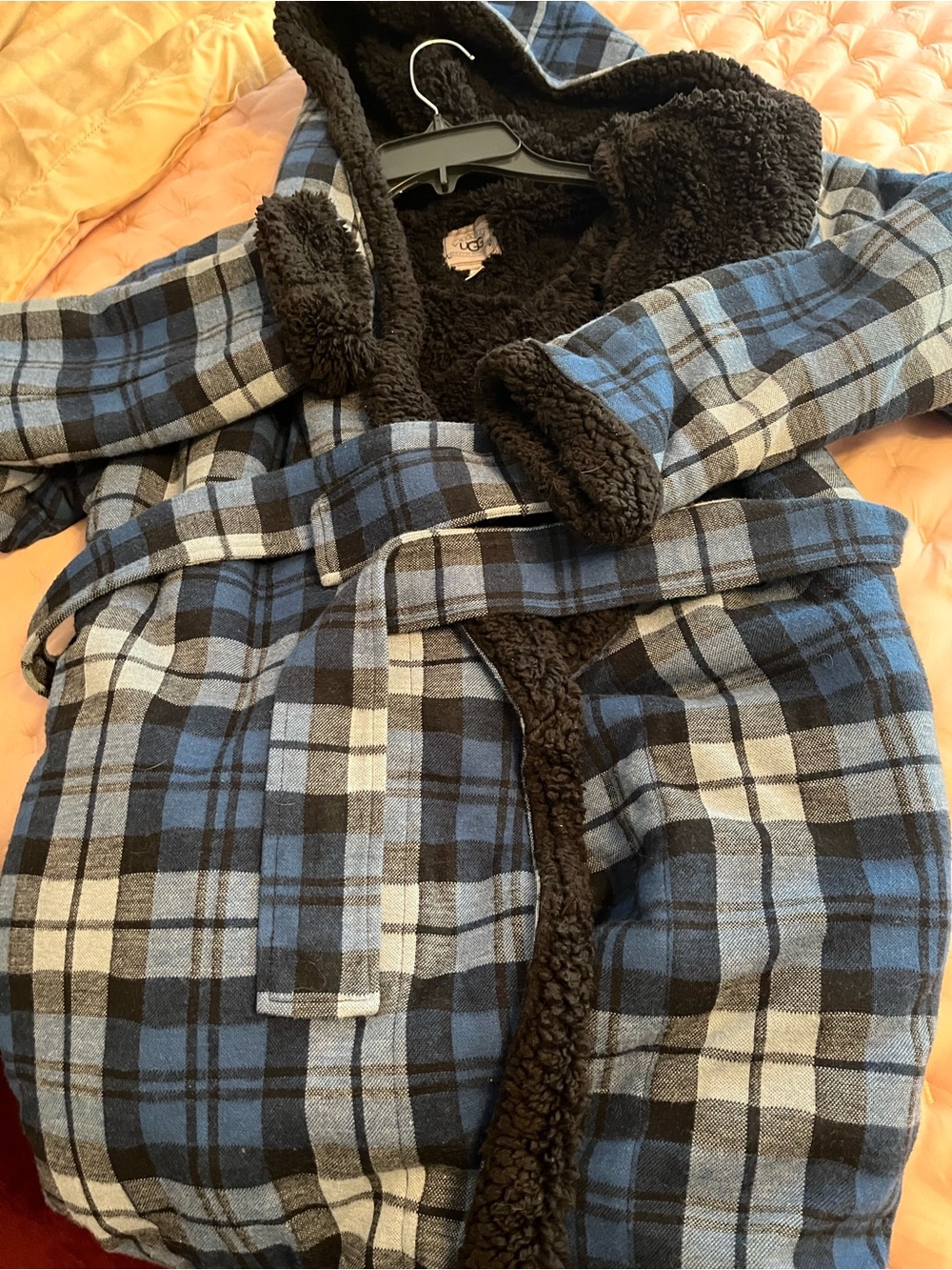 UGG Blue and Black Plaid women Hooded Robe with Sherpa Lining